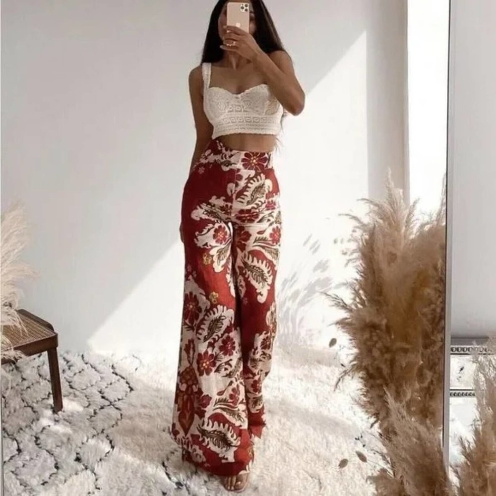 NWT Zara Printed Linen Blend High Waist Wide Leg Pants